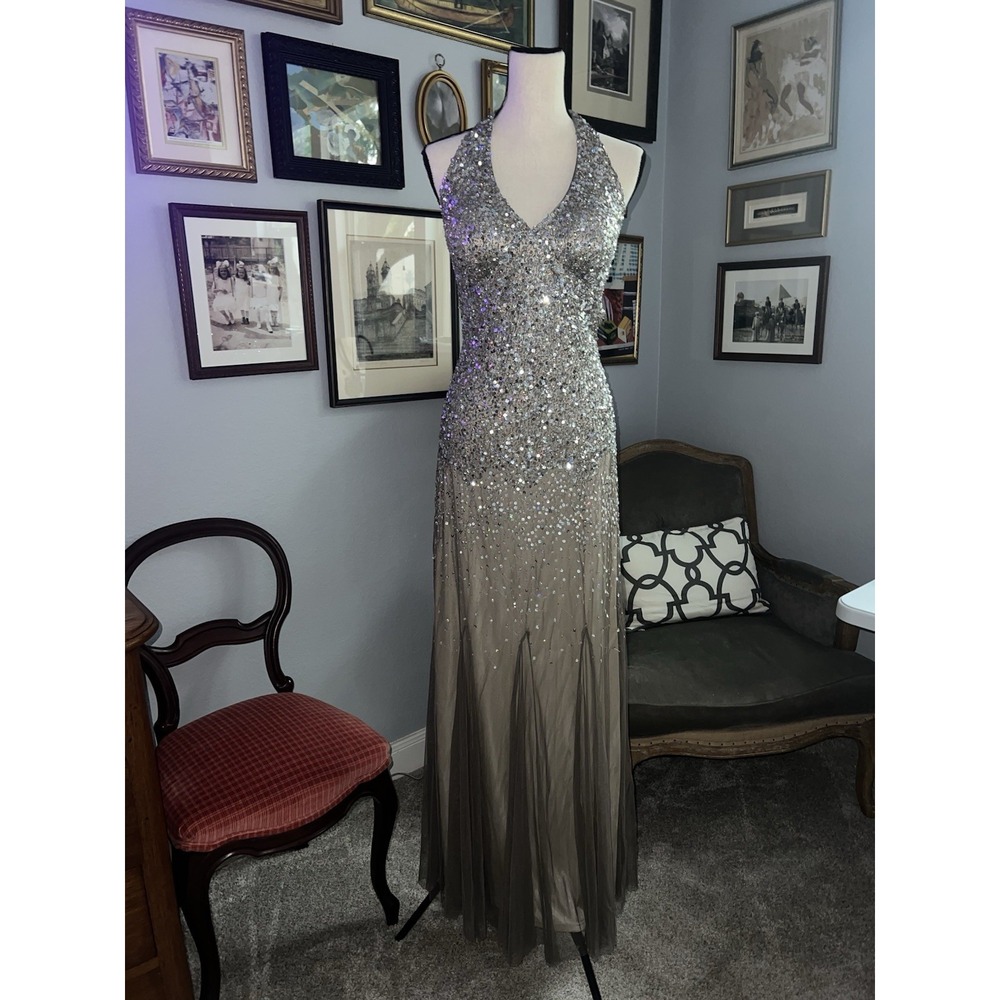 Nightway Sz 8 Taupe Gold Sequins Halter Open Back Evening Dress Prom Formal Long